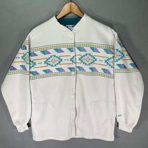AU Sportswear Button-Up Sweatshirt Mens‎ XL White Vintage 90s Aztec Priest Lake